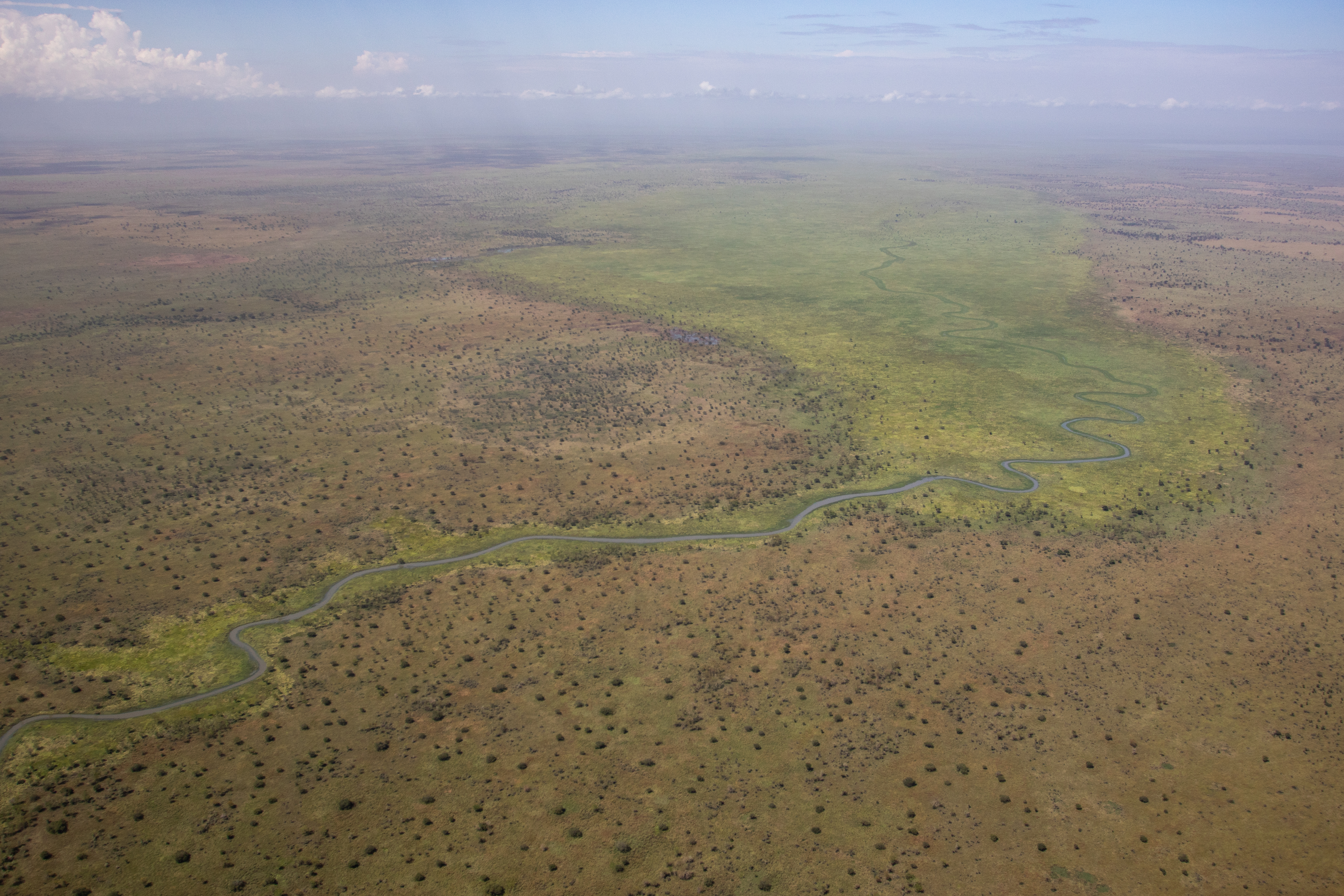 A river winding through the Pian Upe wetlands, from the air