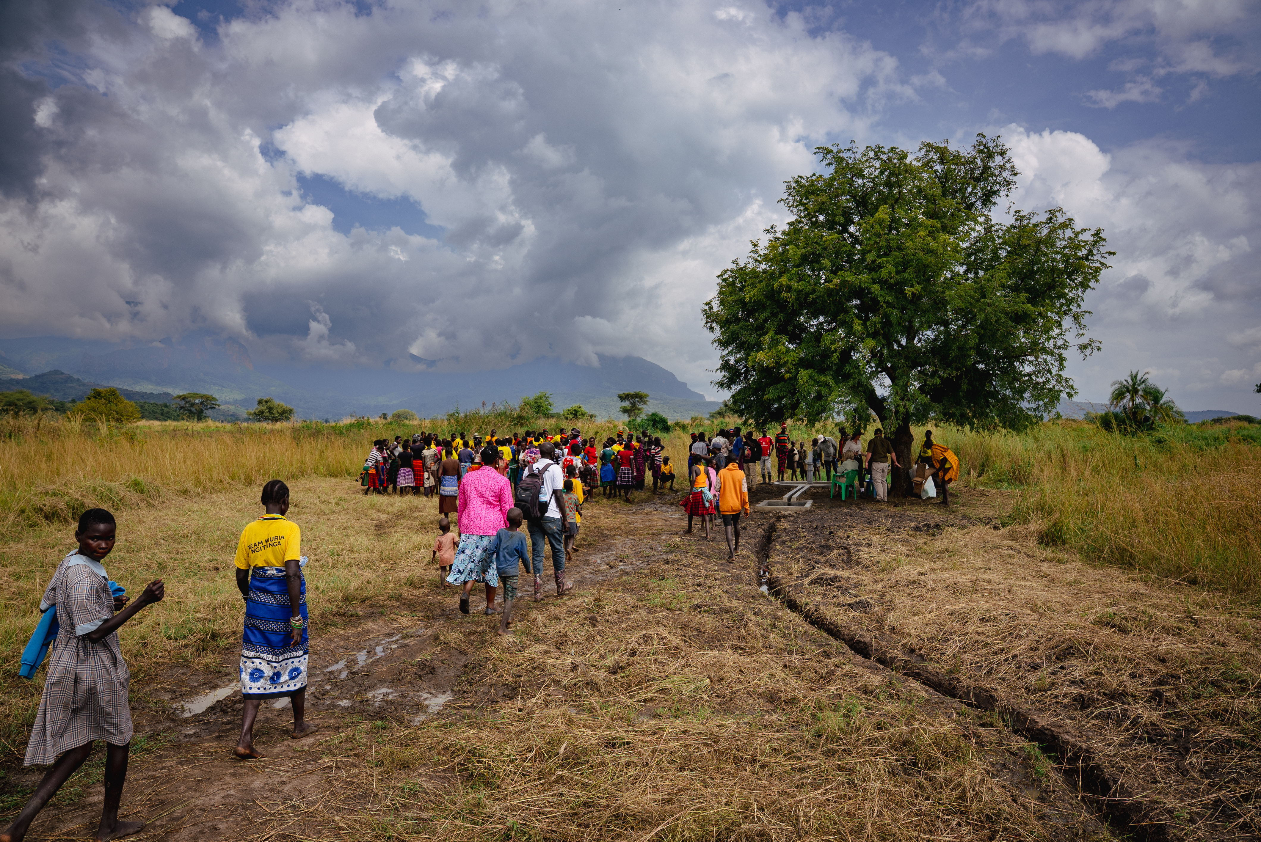 A community gathering at a newly drilled borehole under a lone tree