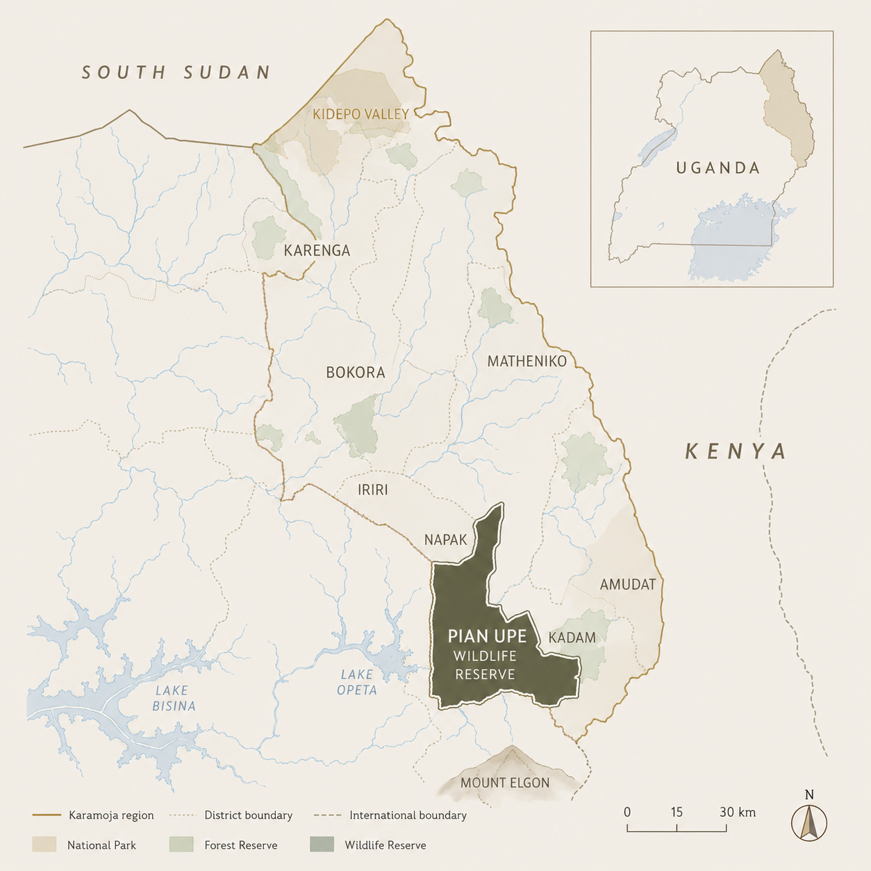 Map of the Karamoja region showing Pian Upe Wildlife Reserve, with an inset locating the region within Uganda