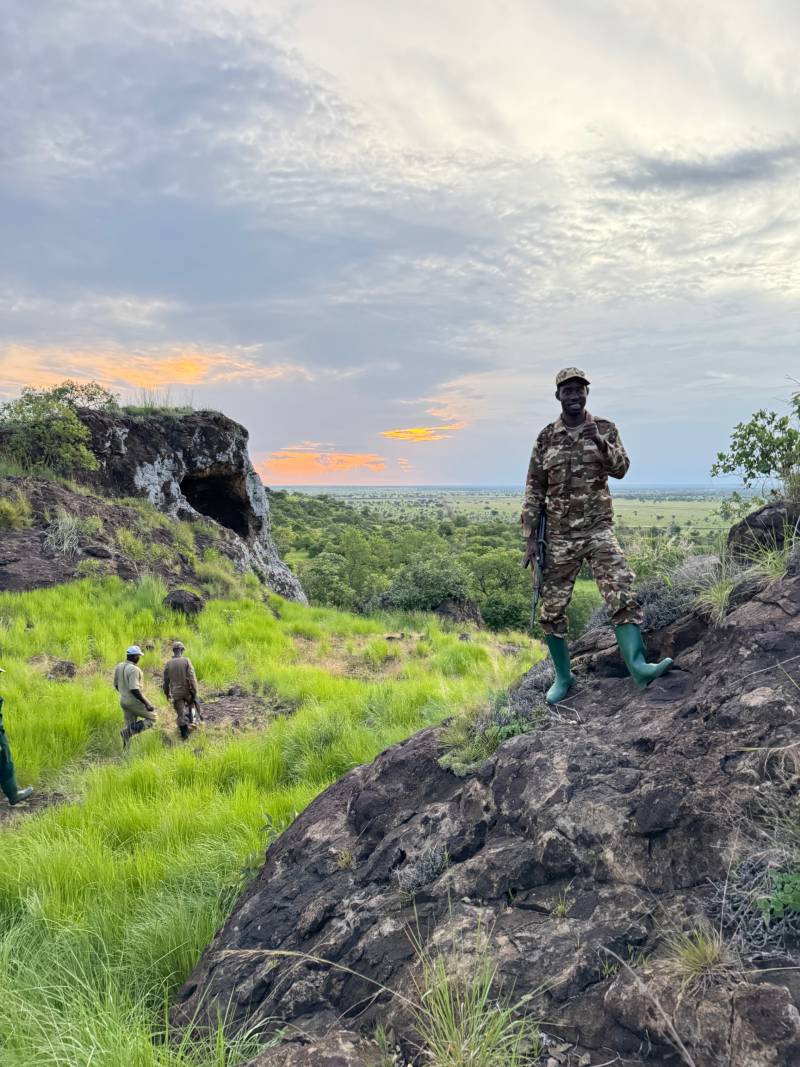 A ranger on a rocky outcrop above the plains at dusk