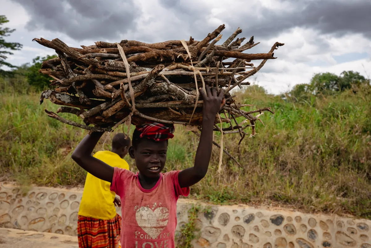 A girl carrying a bundle of firewood on her head