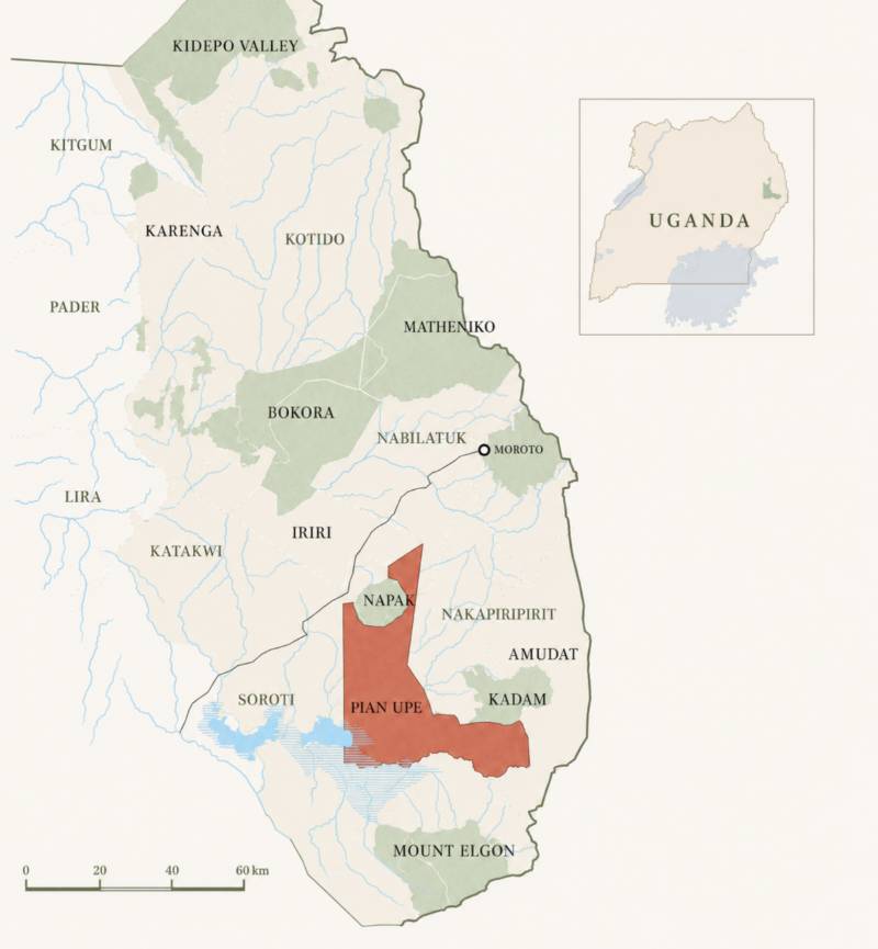 Map of the Karamoja region showing Pian Upe Wildlife Reserve, with an inset locating the region within Uganda