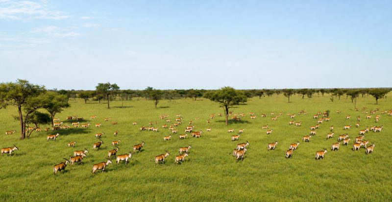 A herd of eland spread across recovering green savannah
