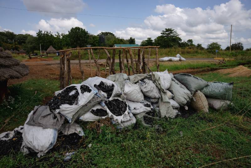 Sacks of charcoal stacked beside the road